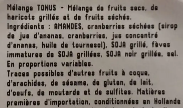Melange tonus ingredients label