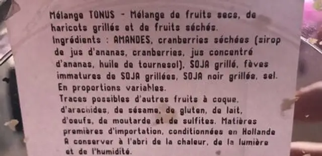 Melange Tonus ingredients label