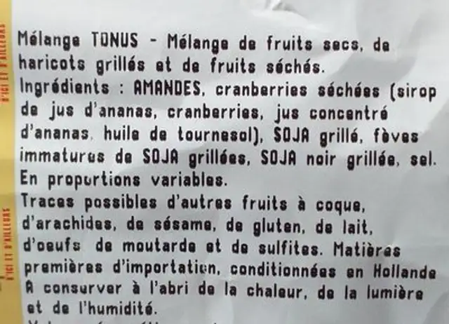 Mélange tonus ingredients label