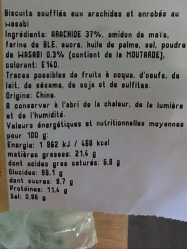 Arachide au wasabi ingredients label