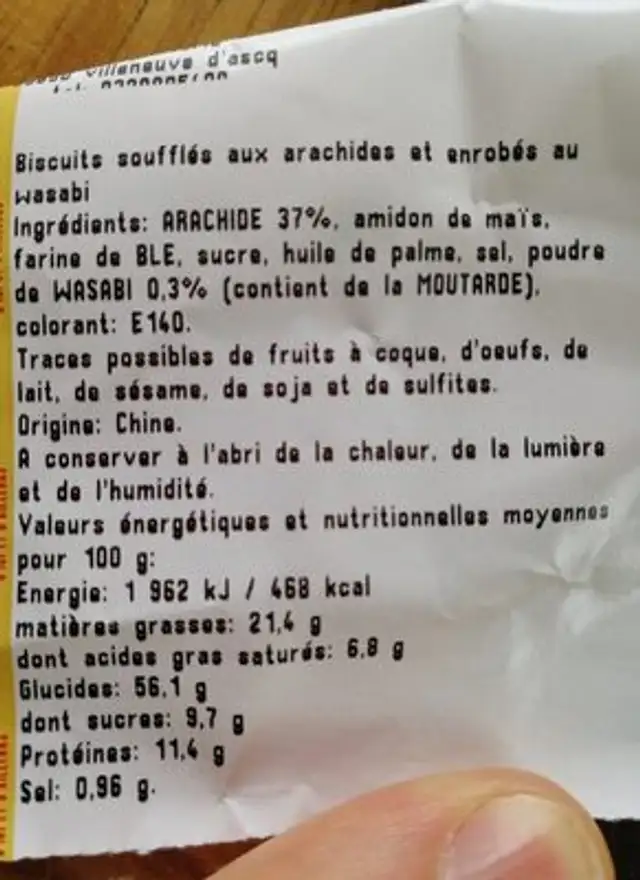Arachide Wazabi ingredients label
