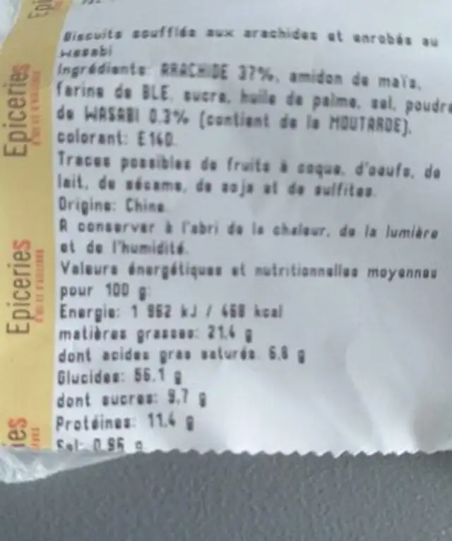 Arachide wasabi nutrition facts table