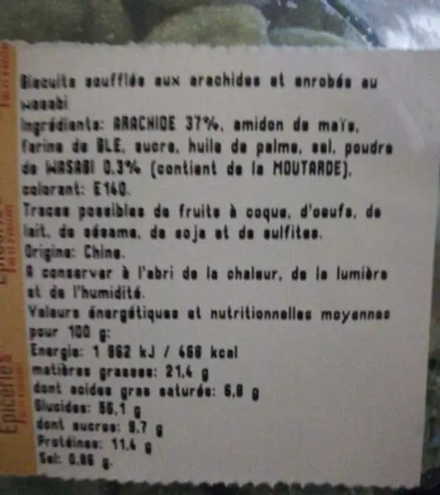 Arachide Wasabi nutrition facts table