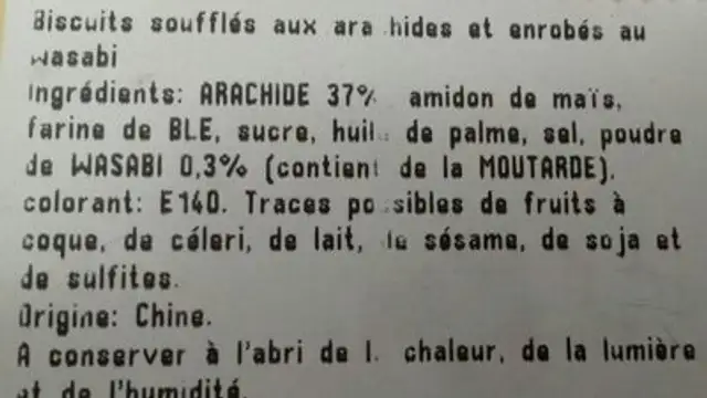 Arachide Wasabi ingredients label