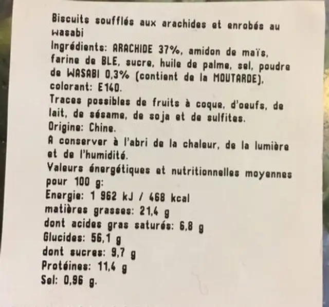 Arachide Wasabi ingredients label