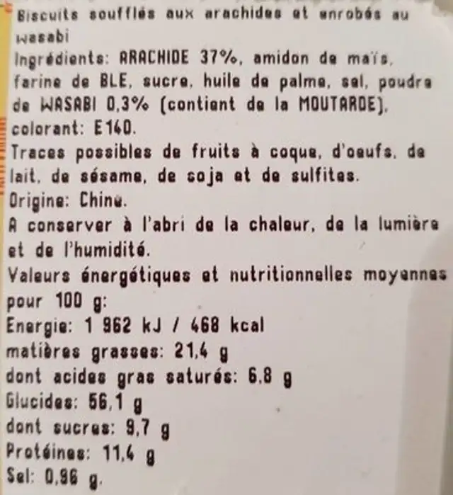 Arachide wasabi ingredients label