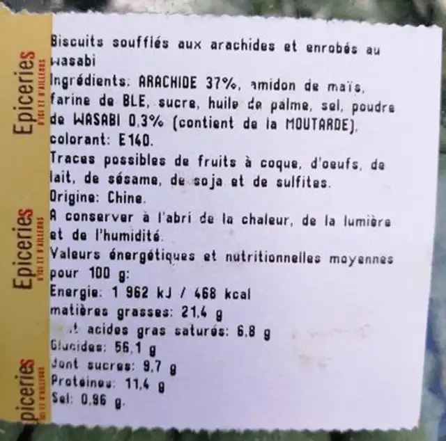 Arachides wasabi ingredients label