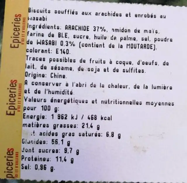 Arachides wasabi nutrition facts table