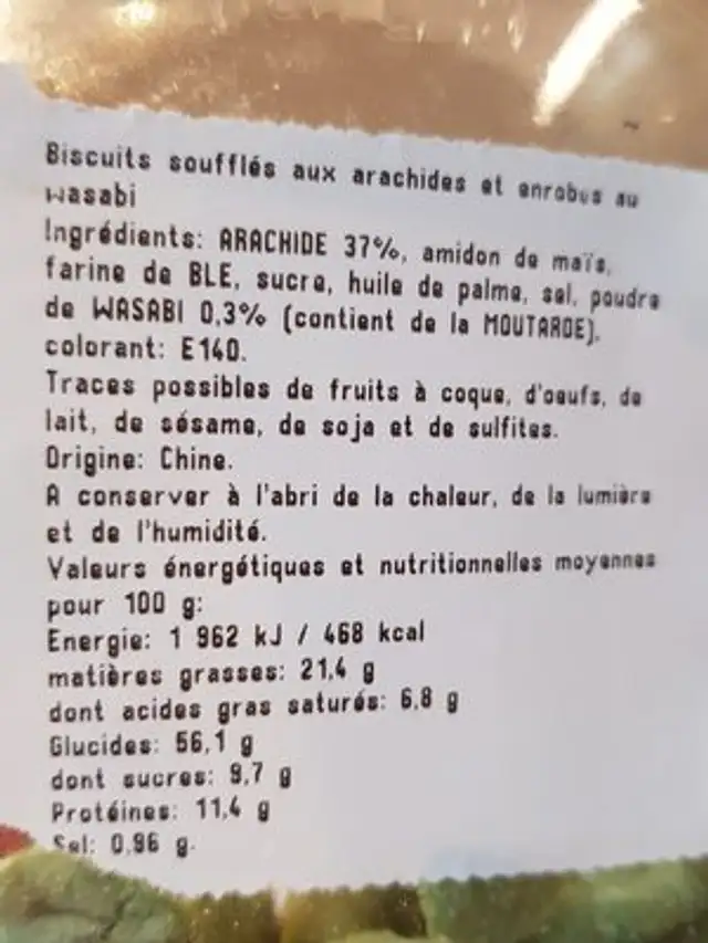Arachide Wasabi ingredients label