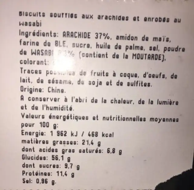Arachide Wasabi ingredients label