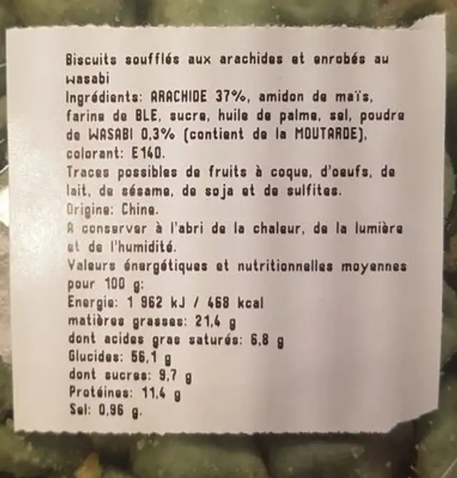 Arachide Wasabi ingredients label