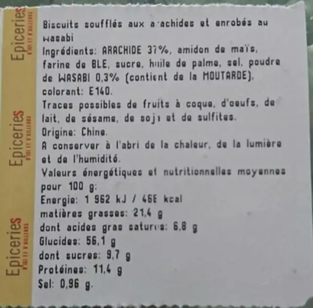 Arachide wasabi ingredients label