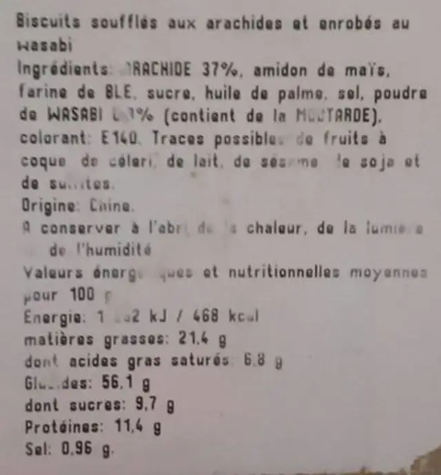 Arachide Wasabi nutrition facts table