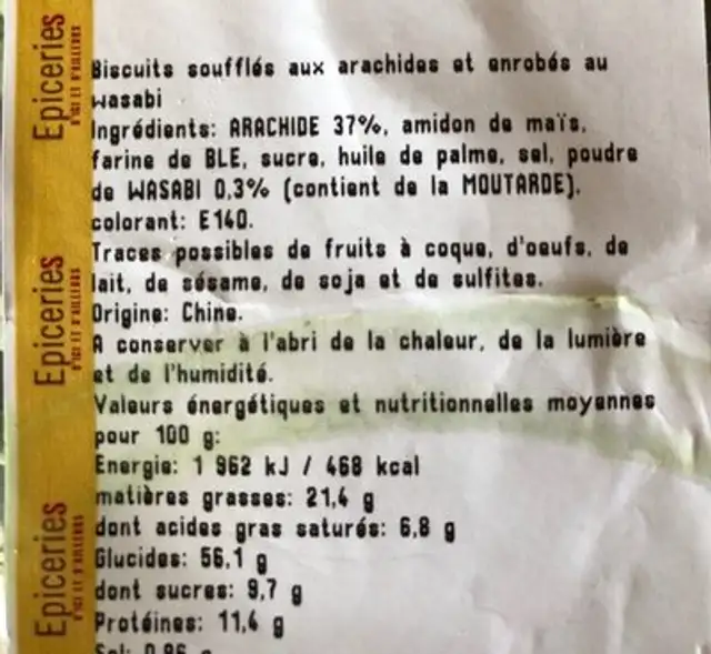 Arachide wasabi ingredients label
