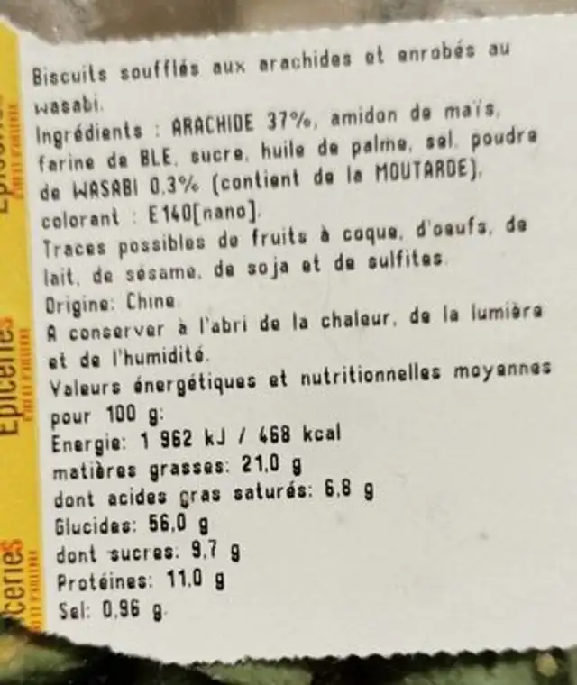 Arachide Wasabi nutrition facts table