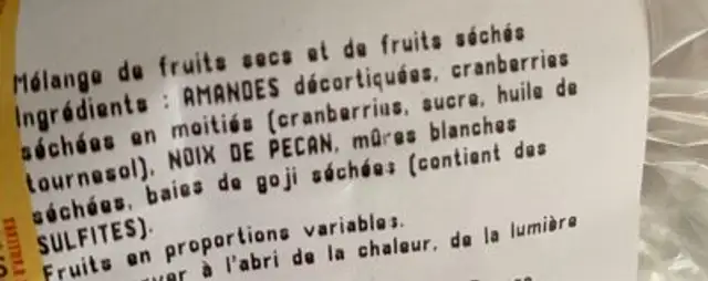 Melange de fruits sec ingredients label