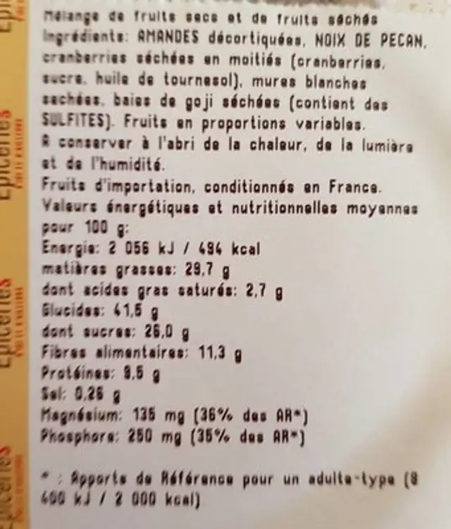 Mélange bien être nutrition facts table