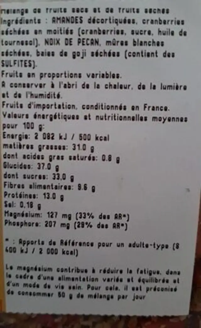 Mélange bien être nutrition facts table