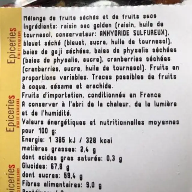 Melange vitalite ingredients label
