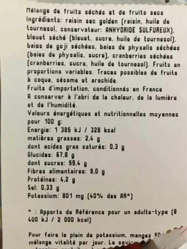 Melange vitalité nutrition facts table