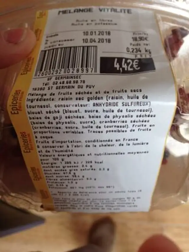 Melange vitalite ingredients label