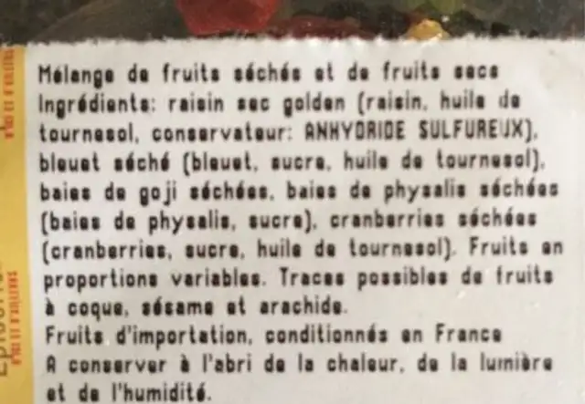Melange vitalite ingredients label
