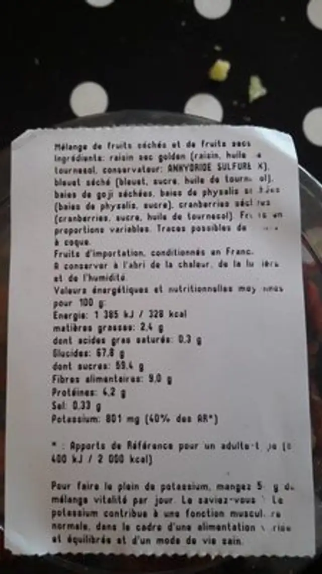 Melange vitalité ingredients label
