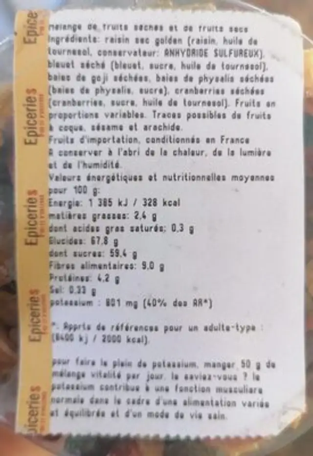 Mélange vitalité nutrition facts table