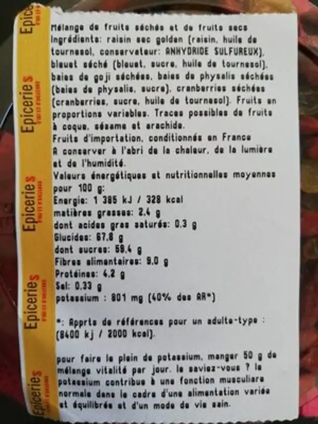 Mélange Vitalité nutrition facts table