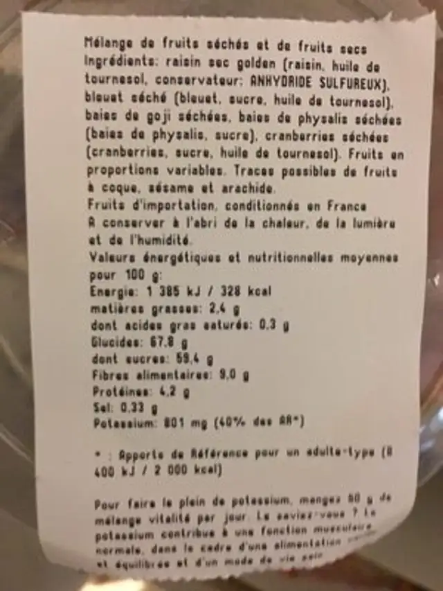 Mélange vitale ingredients label