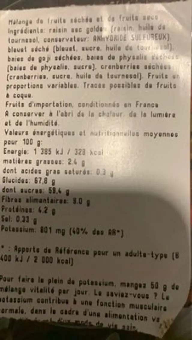 Melange vitalite ingredients label