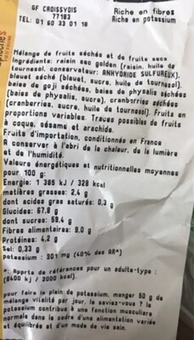 Mélange vitalité nutrition facts table