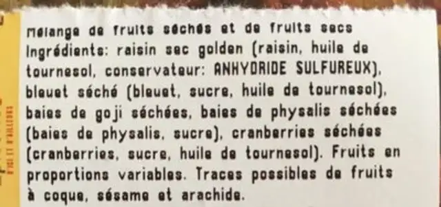 Melange vitalite ingredients label