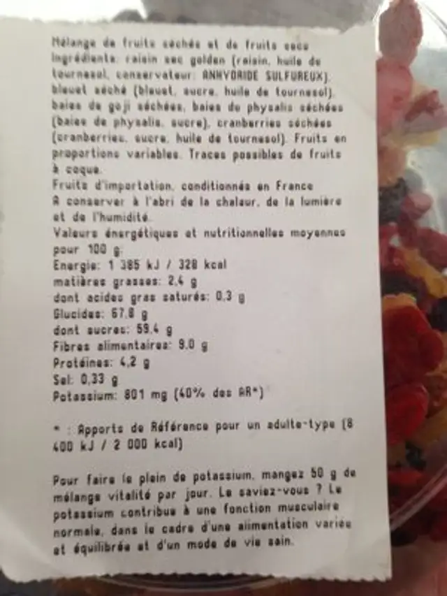 Melange vitalite ingredients label