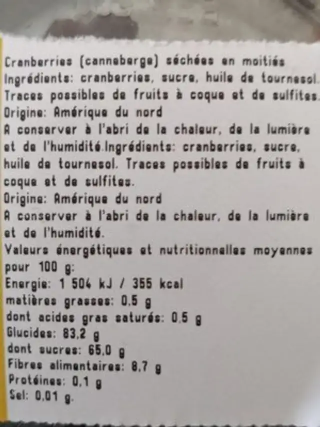 Cranberries séchées en moitiés ingredients label