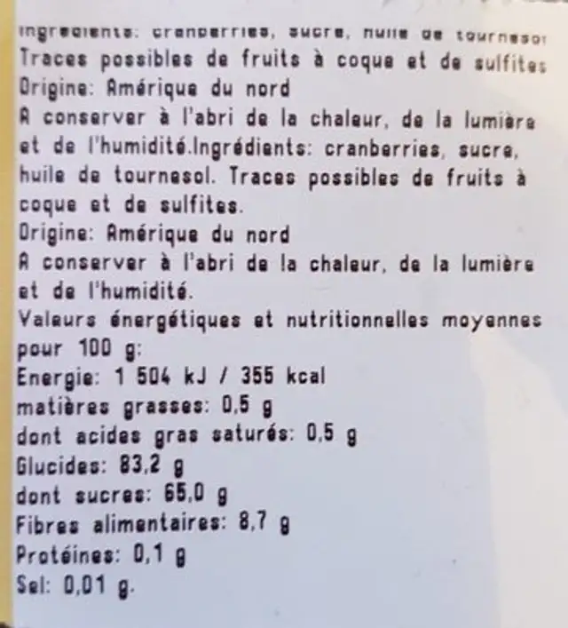 Cranberies sechées en moitiés ingredients label