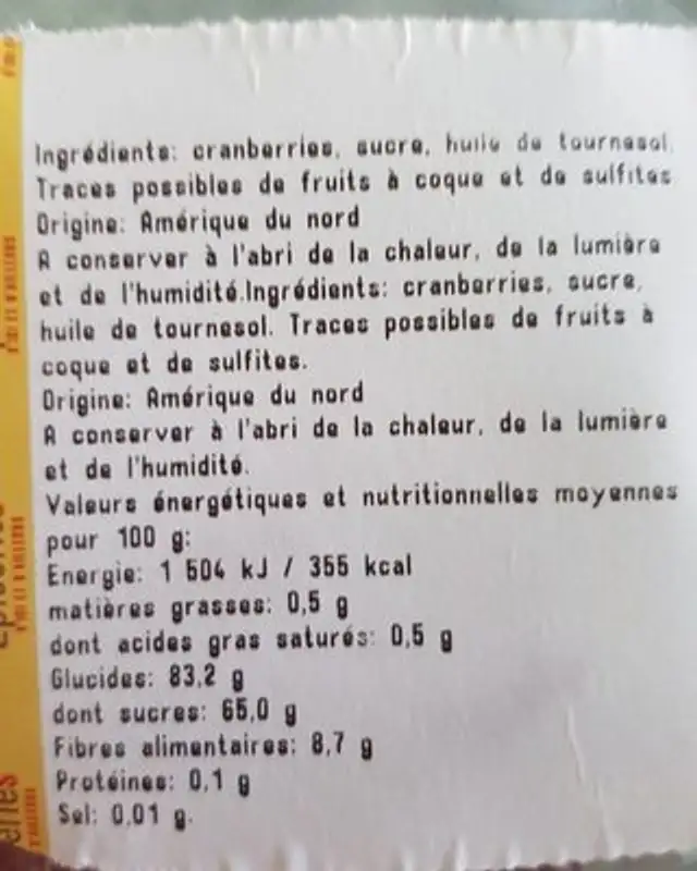 Cranberries sechees en moitiés ingredients label