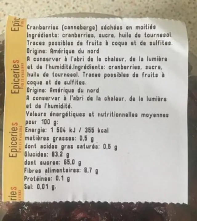 Unknown nutrition facts table