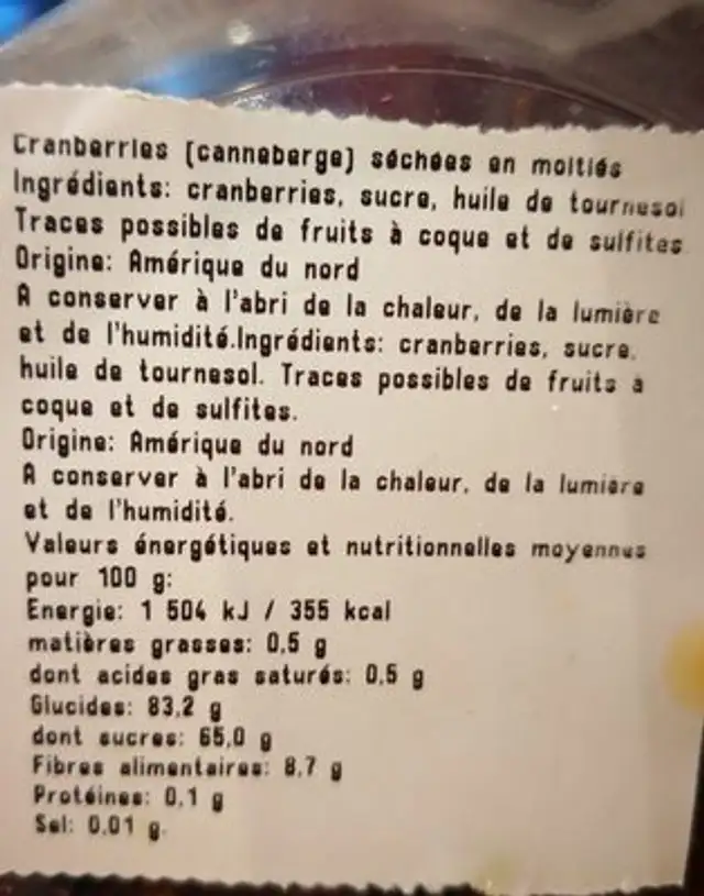 Cranberries sechees en moities ingredients label