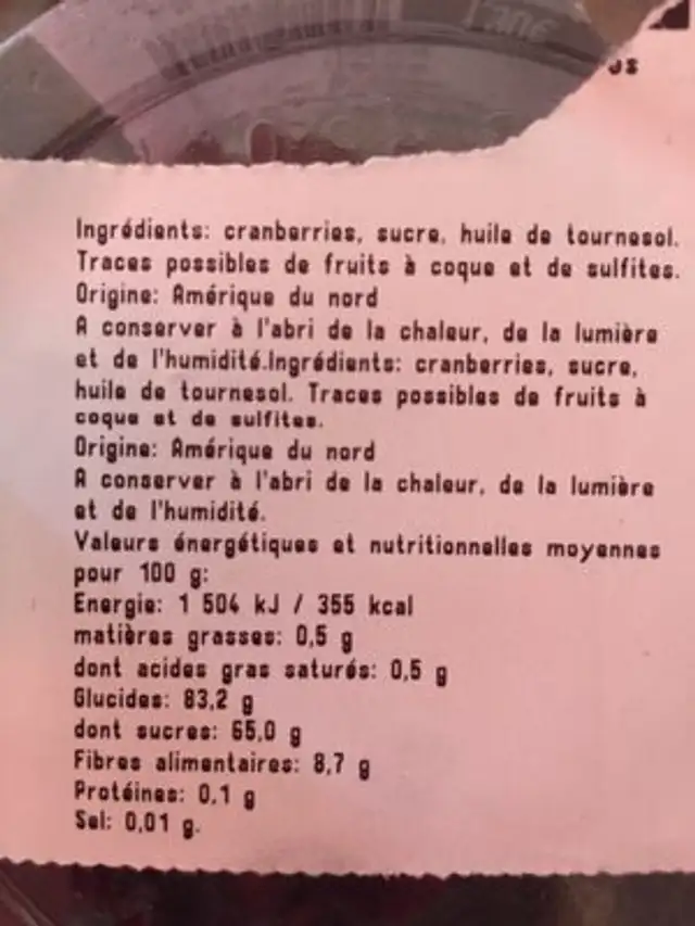 Cranberries séchées en moitiés ingredients label