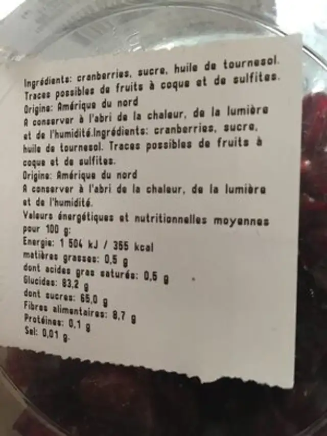 Cranberries sechees en moitie ingredients label