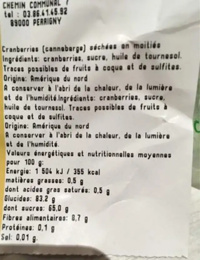 Cranberries sechees en moities ingredients label