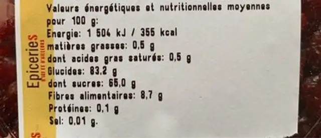 Cramberries sechees en moitiés nutrition facts table