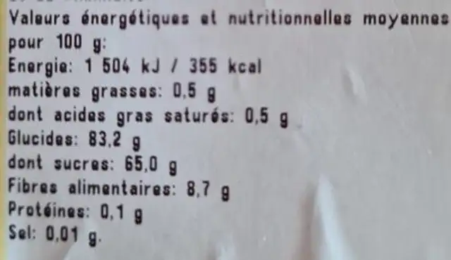 Cranberries séchées nutrition facts table