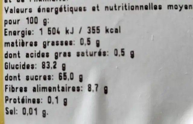 Cranberries séchées nutrition facts table