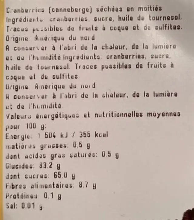 Cranberries séchées en moitié ingredients label