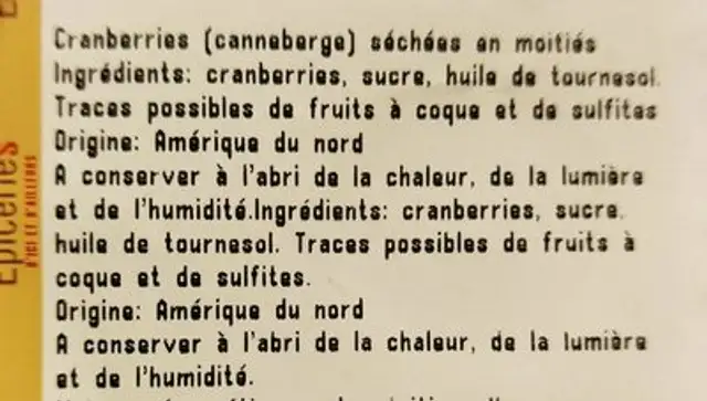 Cranberries séchées en moitiés ingredients label