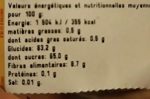 Cranberries séchées en moitiés nutrition facts table