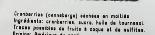 Canberries Sechees ingredients label