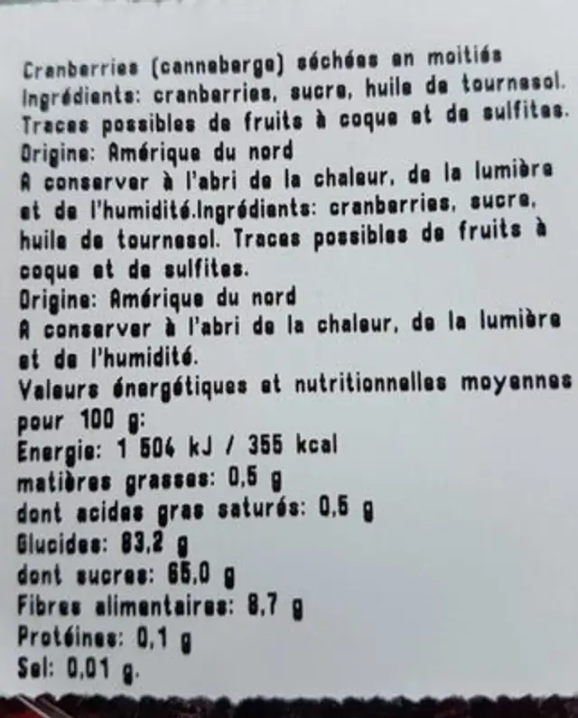 Canberries Sechees nutrition facts table